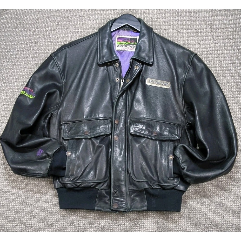 Vtg 90s Arctic Cat Leather Bomber Jacket Purple Embroidered Back Logo L -As Is
